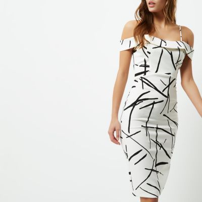 White abstract print bardot bodycon dress